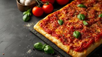 ai generato un' rettangolare siciliano Pizza con un' spesso, Marrone dorato Crosta e pomodoro salsa foto