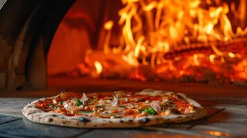 ai generato un' rustico a legna Pizza forno, fiamme danza in giro un' appena al forno Pizza foto