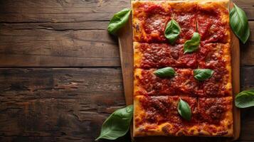 ai generato un' rettangolare siciliano Pizza con un' spesso, Marrone dorato Crosta e pomodoro salsa foto