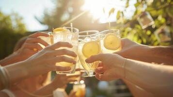 ai generato un' gruppo di amici tintinnante bicchieri pieno con limonata durante un' soleggiato Giardino dietro la casa raccolta foto