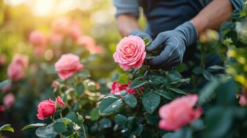 ai generato un esperto orticoltore accuratamente potatura un' lussureggiante, fioritura rosa cespuglio nel un' tranquillo giardino foto