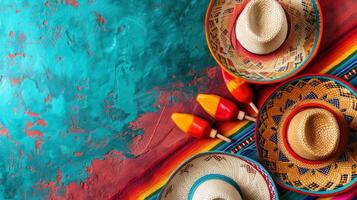 ai generato grassetto modelli, sombrero, e maracas infondere un' messicano fiesta spirito in il fondale foto
