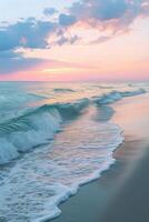 ai generato dolce onde bacio il riva sotto un' color pastello cielo, evocando la tranquillità foto