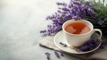 ai generato un' calmante tazza di infuso di lavanda Tè, integrato di un' lavanda mazzo foto