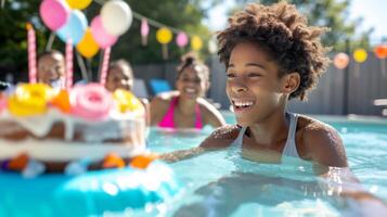 ai generato un' adolescente godendo un' bordo piscina compleanno festa con amici e un' galleggiante torta foto