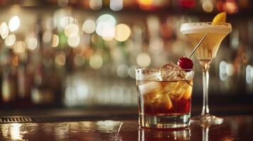ai generato un' Vintage ▾ bar scena con classico cocktail piace il vecchio stile e Martini foto