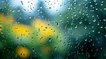 ai generato scintillante gocce di pioggia su pannelli di vetro creare un' calmante, minimalista primavera ambientazione foto