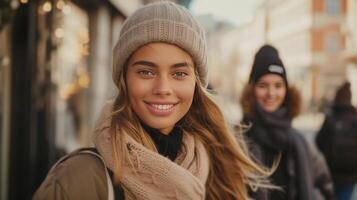 ai generato di moda ragazze grazia città strade, loro sorrisi aggiungendo fascino per metropolitano impostazioni foto