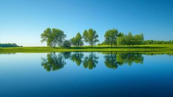 ai generato calma acque riflettere il la tranquillità di un' sereno, minimalista primavera paesaggio foto