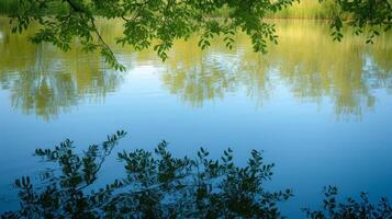 ai generato calma acque riflettere il la tranquillità di un' sereno, minimalista primavera paesaggio foto