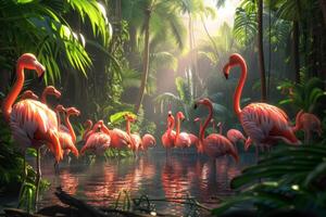 ai generato un' gruppo di fenicotteri si riunisce nel un' lussureggiante, tropicale laguna, un' scoppiare di rosa contro verdura foto
