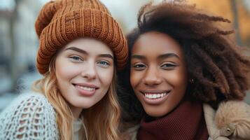 ai generato fiducioso città ragazze indossare di moda abiti, guardare in il telecamera con radiante sorrisi foto