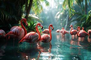 ai generato un' gruppo di fenicotteri si riunisce nel un' lussureggiante, tropicale laguna, un' scoppiare di rosa contro verdura foto