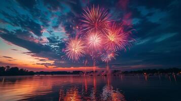 ai generato il quarto di luglio fuochi d'artificio Schermo al di sopra di lago foto