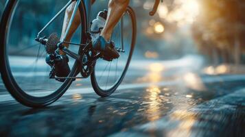 ai generato focalizzata ciclista formazione su stazionario bicicletta foto