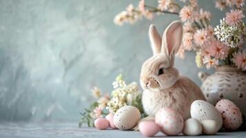 ai generato Pasqua coniglietto con festivo uova e fiori foto