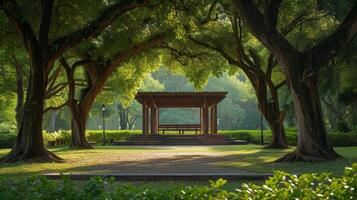 ai generato un elegante palcoscenico posizionato nel un' tranquillo parco, incorniciato di antico alberi foto