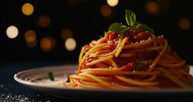 ai generato alcuni spaghetti su un' piatto su un' buio sfondo foto