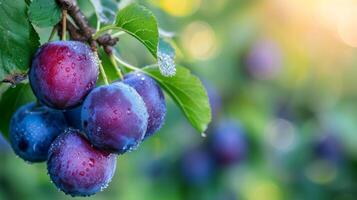 ai generato bellissimo succoso maturo prugne appendere su un' ramo nel il estate giardino foto