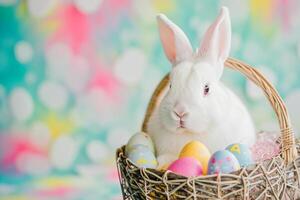 ai generato un' carino coniglietto con colorato pastello Pasqua uova cestino bokeh stile sfondo con generativo ai foto