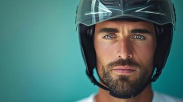 ai generato bello uomo nel un' hockey casco su un' minimalista luminosa sfondo con copia spazio foto