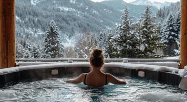 ai generato donna gode caldo vasca nel inverno bsr foto