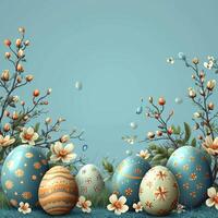 ai generato Pasqua uova con fiori e rami su buio blu sfondo, foto