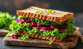 ai generato un' Sandwich è mettere su un' di legno tavola con barbabietole, verde la verdura, lattuga foto