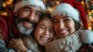 ai generato vivace famiglia celebrazione, gioioso facce avvolto nel vacanza luci e decorazioni foto