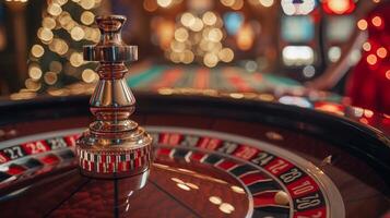 ai generato un' giovane coppia giochi roulette nel un' casinò. un' uomo è vestito nel un' nero completo da uomo, un' donna è vestito nel un' rosso raso vestito foto