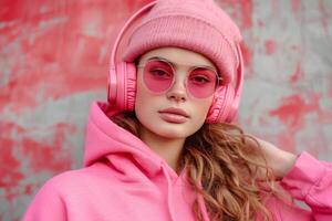 ai generato donna nel rosa felpa con cuffie foto