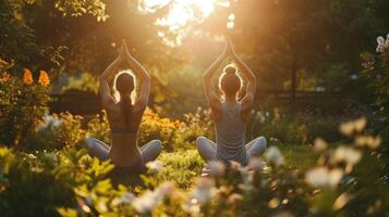 ai generato bellissimo coppia fabbricazione yoga nel estate giardino foto