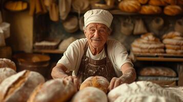 ai generato un vecchio panettiere cuoce pane nel il suo piccolo accogliente italiano stile forno. foto