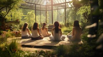 ai generato sereno giardino yoga sessione foto