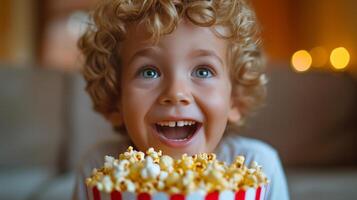 ai generato il ragazzo mangiò un' secchio di Popcorn e esso era strappato in piccolo pezzi foto