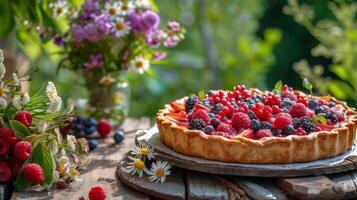 ai generato fresco bacca torta su un' di legno tavolo nel un' largo estate giardino foto