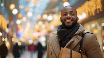 ai generato un' attività commerciale uomo delizie nel shopping per i regali a il centro commerciale foto