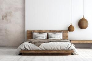 ai generato di legno letto contro bianca parete. scandinavo soffitta moderno Camera da letto interno design foto