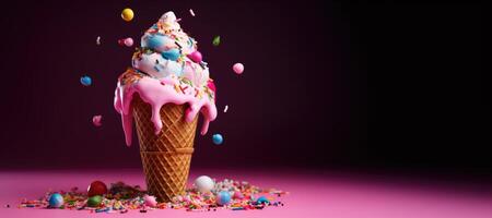 ai generato ghiaccio crema nel un cono con colorato spruzzatori su un' rosa sfondo foto