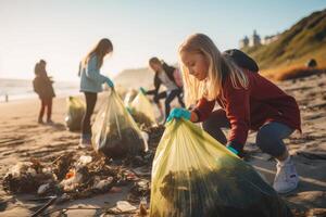 ai generato bambini adolescenti pulizia la zona a il spiaggia. volontariato, beneficenza, le persone, ecologia concetto. volontario raccolta plastica, spazzatura a il spiaggia. mondo pulito su giorno foto