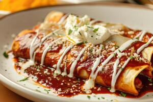 ai generato messicano pollo enmoladas de encacahuatado, o Talpa poblano enchiladas, Talpa negro, pipian foto