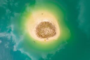 aereo superiore giù Visualizza di piccolo isola. uccelli occhio Visualizza di bellissimo verde acque di lago.polonia foto