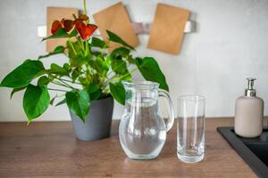 brocca con chiaro freddo acqua su cucina tavolo nel il casa foto