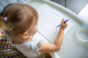 carino poco ragazza pittura con pennarello penna a casa. creativo Giochi per bambini. restare a casa divertimento foto