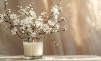 ai generato bianca fiori siamo dentro un' candela bicchiere foto