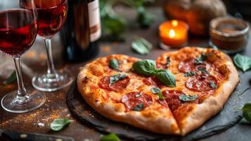 ai generato un' cuore nel forma Pizza e vino bicchieri è posto su un' buio tavolo foto