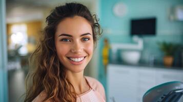 ai generato un' contento anziano donna pose per il telecamera a il dal dentista ufficio foto