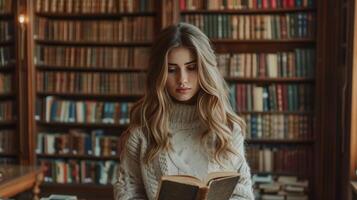 ai generato giovane bellissimo donna nel il biblioteca lettura un' libro foto