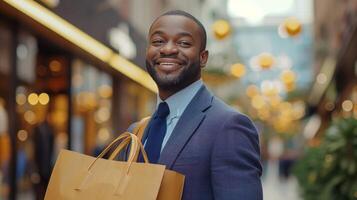 ai generato un' attività commerciale uomo delizie nel shopping per i regali a il centro commerciale foto