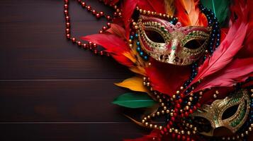 ai generato lussuoso mardi gras maschera con elegante piume e perle foto